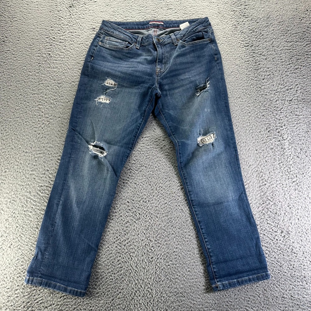 Tommy Hilfiger Jeans Women's 8 Blue Cotton Denim Straight Leg Distressed‎ Faded